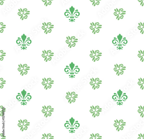 Seamless vector ornament. Modern geometric pattern with royal lilies. Green and white pattern