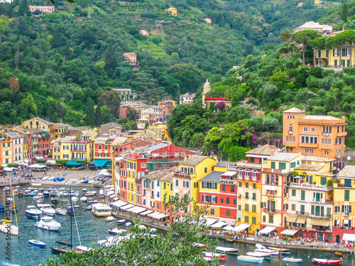 Aerial view of Portofino  a famous vacation resort with a picturesque harbor  luxury yachts and celebrity. Italian fishing village  provinces Genoa  Italy.