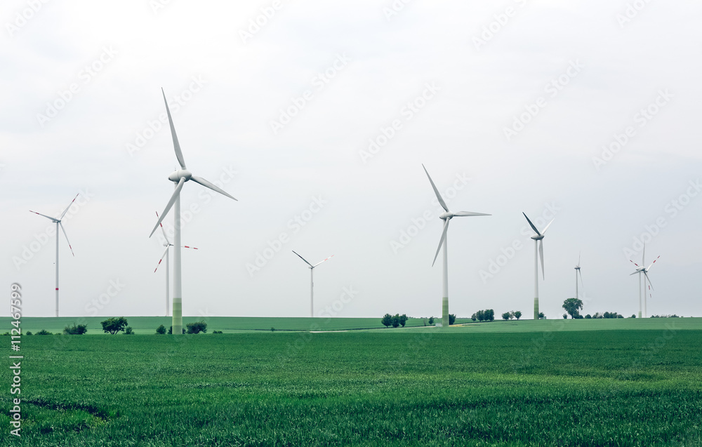 Wind turbines generating electricity for the city. Group of eco windmills for renewable electric energy production. Ecological power with windmill on the field Wind turbines generating electricity for the city. Group of eco windmills for renewable electric energy production. Ecological power with windmill on the field
