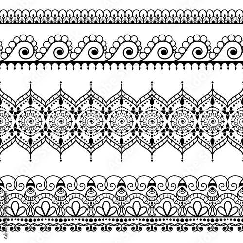 Seamless border elements in Indian mehndi style for card or tattoo. Vector illustration isolated on white background.