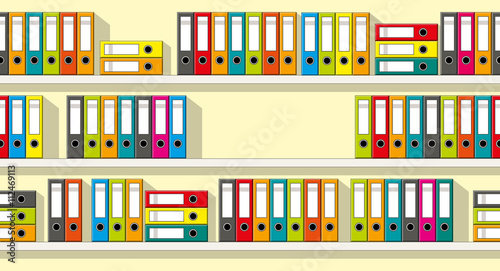 Illustration of colorful folders on shelves, seamless