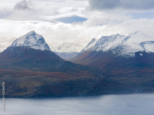 Beautiful landscape of snowcap mountains near Ushuaia with autum