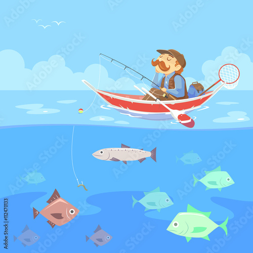 cartoon man no fishing boat, vector