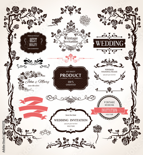 Vector design elements and calligraphic decorations for wedding