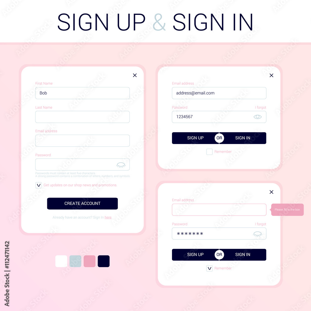 The modal windows for the development of the web site. Sign-up form.  Sign-in form. Minimal clean flat style. UI / UX design. Login form.  Registration form. Stock Vector | Adobe Stock