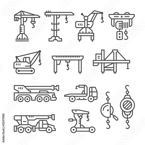 Set line icons of crane, lifts, winches