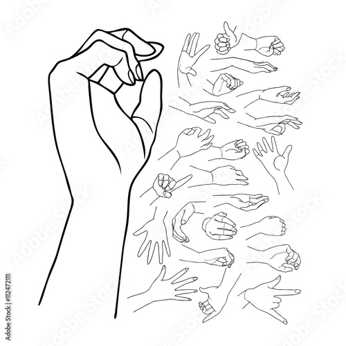The vector illustrated set of outlined hand drawn hands with various gestures,, part 2