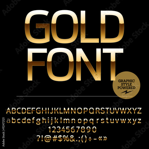 Royal golden set of alphabet letters, numbers and punctuation symbols. Vector luxury logotype with text Gold font
