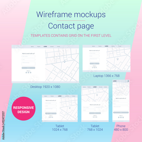 Responsive web design. Wireframe mockups. Flat and mimalistik style. Teamplates for desktop, laptop, tablet and phone devices. Site for web agency, design studio. Contact page. Prototype. Contact form