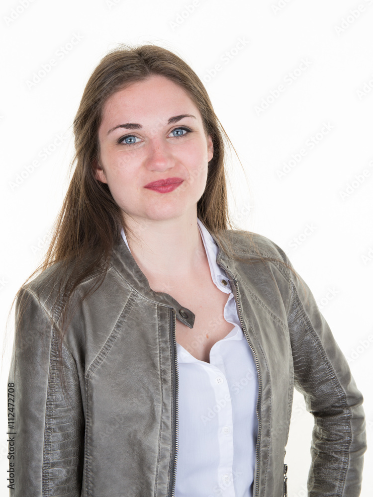 Young brunette woman in stylish leather jacket Stock Photo | Adobe Stock