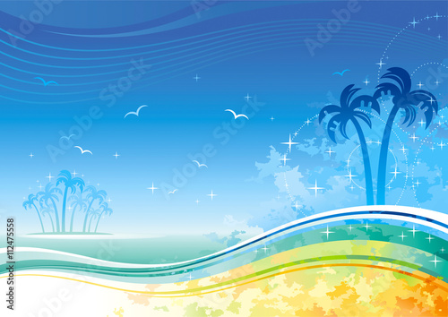 Sea background with island and palms