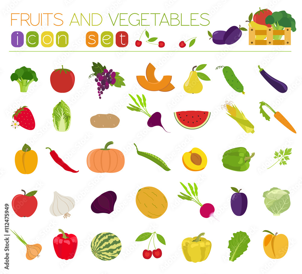 Naklejka Owoce i warzywa. Odżywianie. Zestaw ikon