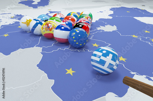 3D illustration of eu flags on the pool table - Grexit photo