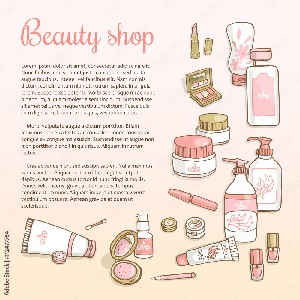 Hand drawn flayers template for make-up products. Vector background for corporate identity beauty shop. Printed materials for brochures, folder, flayers, banners.