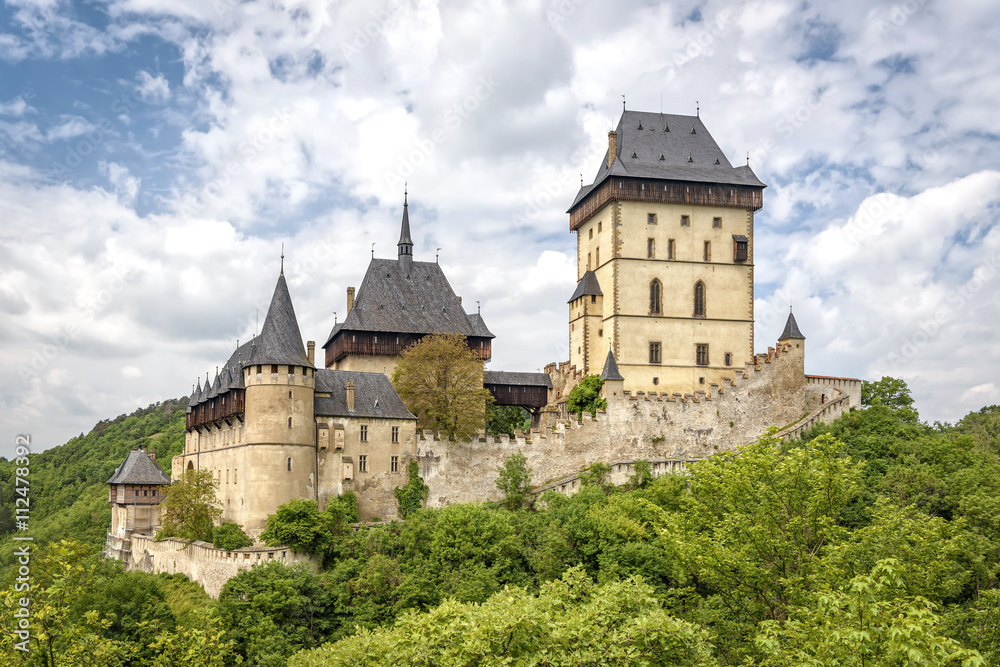 Karlstein, Czech Republic - May 26, 2016: Karlstein Castle is a large Gothic castle founded in 1348 by King Charles IV, Holy Roman Emperor and King of Bohemia.