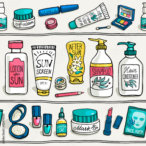 Hand drawn vector seamless pattern of cosmetics. Side view of shampoo, lotion, cream, sunscreen, pencil, oil, powder, nail polish, mask, balm, eye shadow, lipstick, mascara on shelf