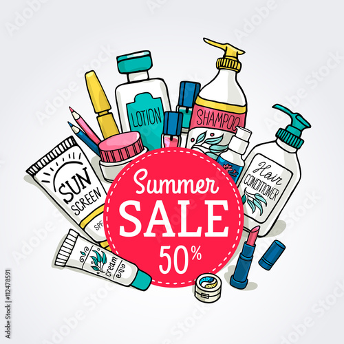 Vector illustration sale banner template of make up products and cosmetics