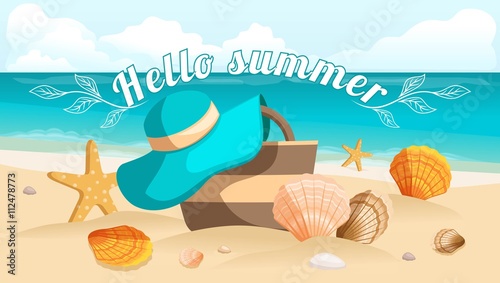Seascape, sea, beach, beach bag, beach hat, seashells, stones. Design postcard, Sunburst text hello summer. Vector illustration