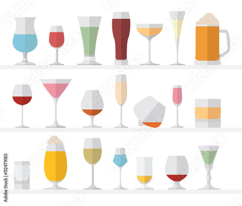 Alcohol glasses flat icon set. Different alcohol beverages