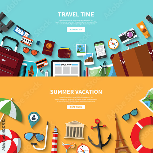 Travel time. Summer vacation. Vector concept banners in flat style