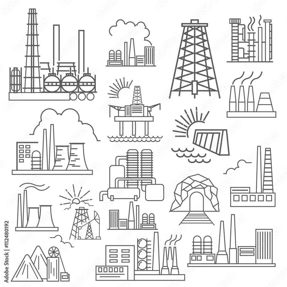 Factory buildings icon set. Thin line icon design Factory buildings icon set. Thin line icon design