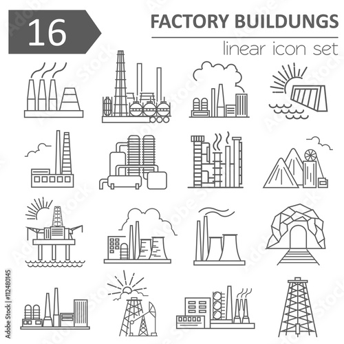 Factory buildings icon set. Thin line icon design