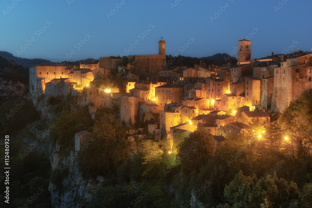 Evening images of the medieval town on the tufa rock in Tuscany,
