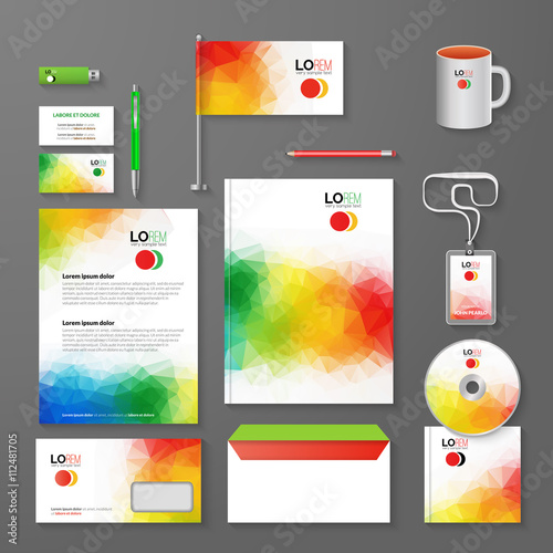 Abstract Corporate Business identity Template Layout. Pen, CD, Cup, Letter, Folder, Business cards. Vector company triangle style for brandbook and guideline.