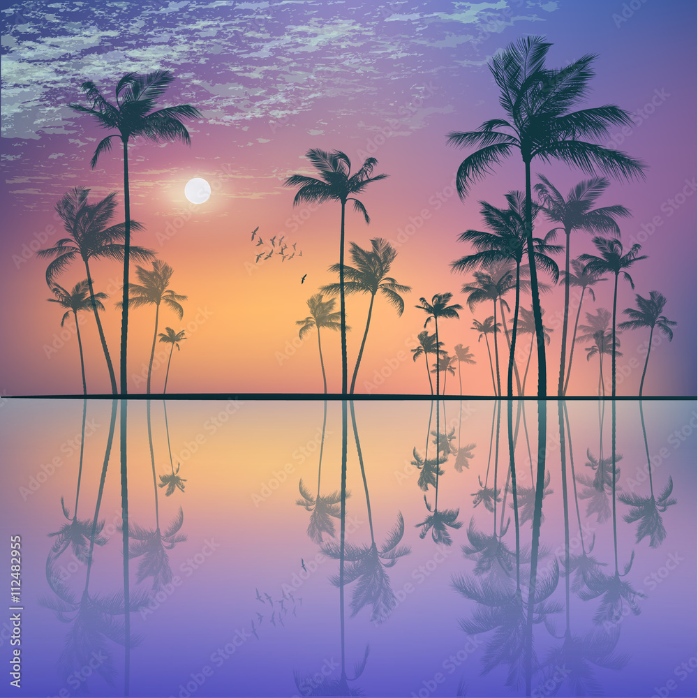 Landscape with  tropical palm trees  at sunset or moonlight, wit