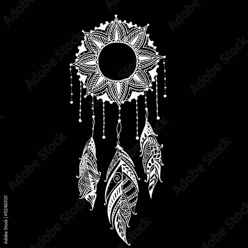 Hand-drawn dreamcatcher with feathers. Ethnic illustration, tribal