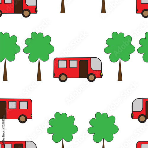 Seamless pattern with red bus and green tree