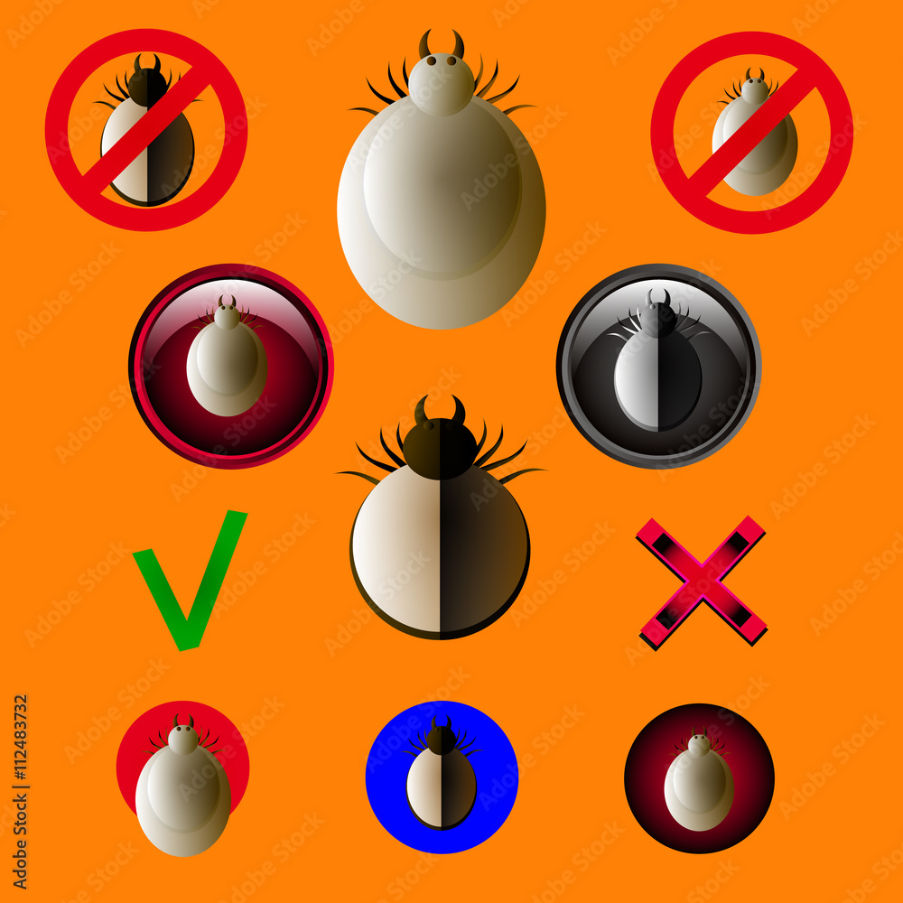 Tick parasite warning sign. Mite vector set. Mite dust. Mite spider