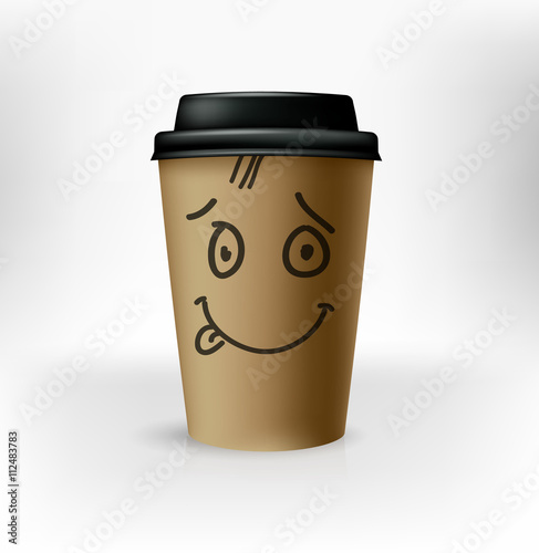 paper colour cup with black lid. smiley face brown disposable cup. 