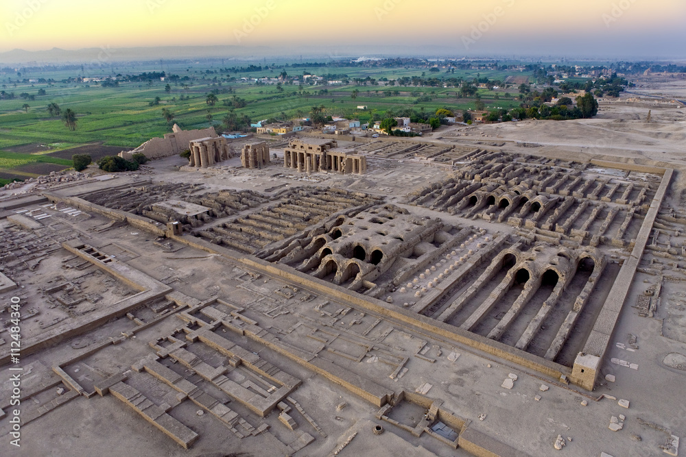 Egypt. Aerial view over the West Bank of Luxor - ruins of the Ramesseum (mortuary temple of Pharaoh Ramesses II)