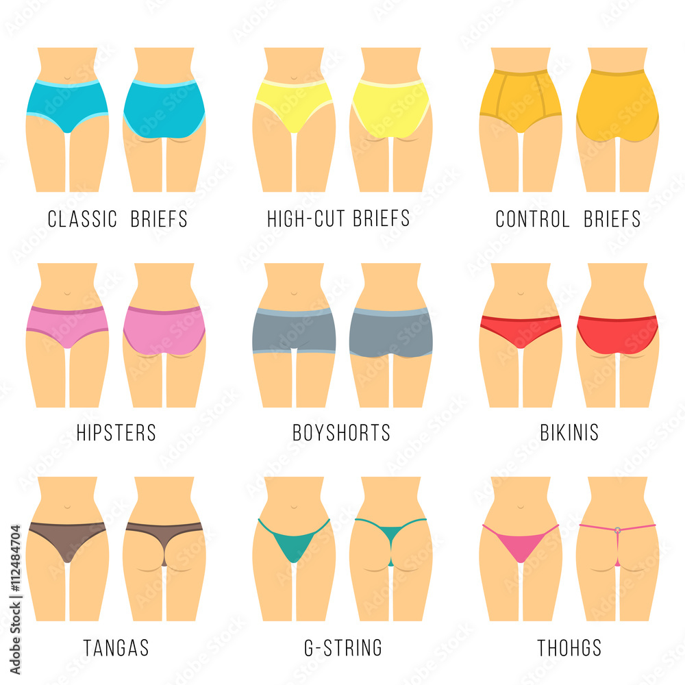 Female panties types flat vector icons set. Woman underwear fashion styles  collection. Girl body front and back view. Clothes infographic design  elements. Classic briefs, bikini, string, tanga, thong Stock-Vektorgrafik |  Adobe Stock