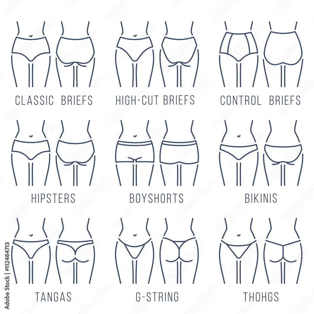 Vetor do Stock: Female panties types flat thin line vector icons set. Woman  underwear fashion styles collection. Girl body front, back view. Clothes  infographic design elements. Classic briefs, bikini, string, thong
