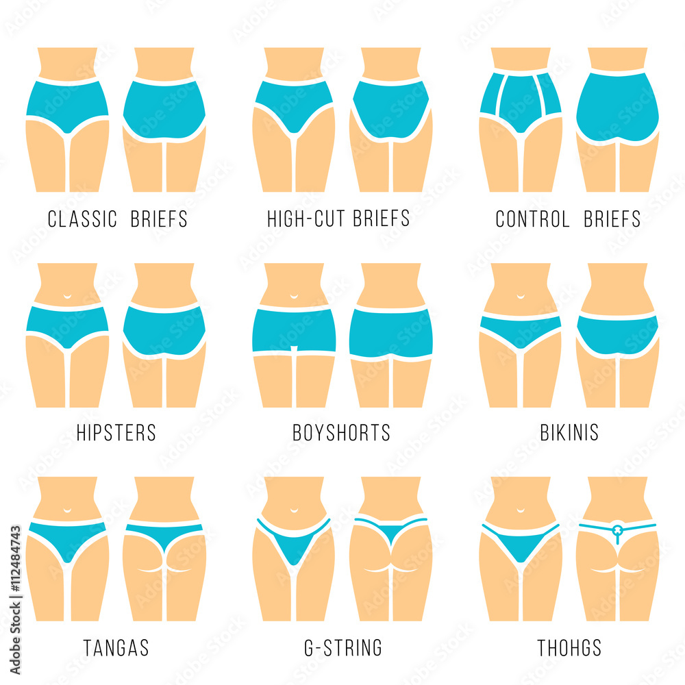 Vecteur Stock Female panties types flat silhouette vector icons set. Woman underwear  fashion styles collection. Girl body front, back view. Clothes infographic  design elements. Classic briefs, bikini, string, thong | Adobe Stock