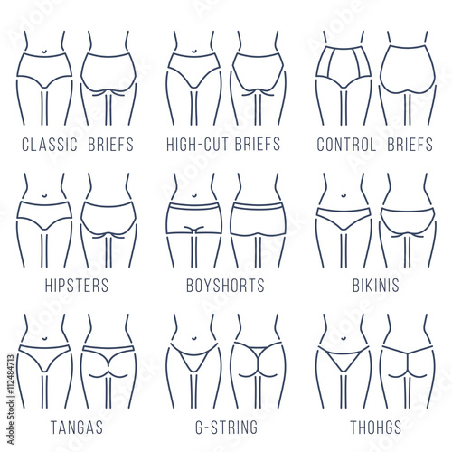 Female panties types flat thin line vector icons set. Woman underwear fashion styles collection. Girl body front, back view. Clothes infographic design elements. Classic briefs, bikini, string, thong