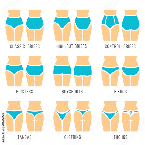 Female panties types flat silhouette vector icons set. Woman underwear  fashion styles collection. Girl body front, back view. Clothes infographic  design elements. Classic briefs, bikini, string, thong Векторный объект  Stock