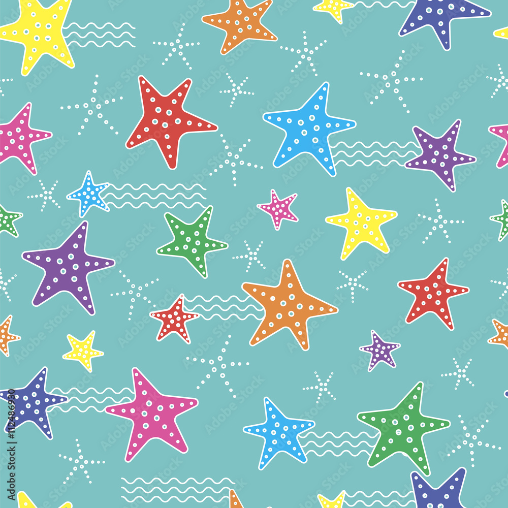 Seamless pattern with colorful starfish and waves on a blue background