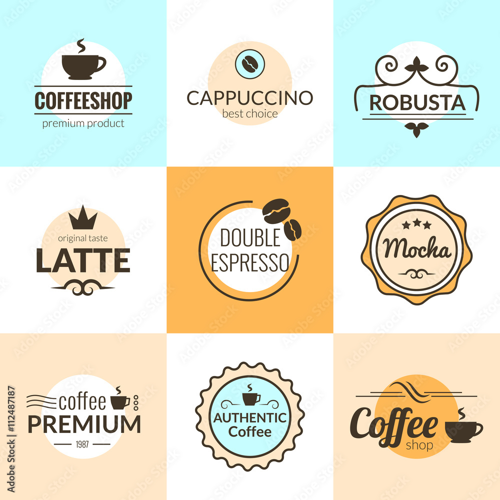 Flat line Vintage Coffee Labels Logo design vector typography lettering inspiration templates. Retro elements, business signs, badges, logos, label, stamps, icons and symbols.