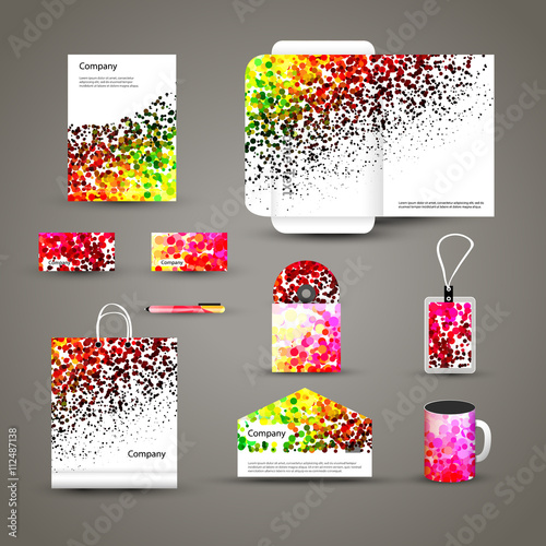 Corporate identity template with dotted background. Vector company dots style for brandbook and guideline, pen, cd disc, cup, letter, flag, business cards.