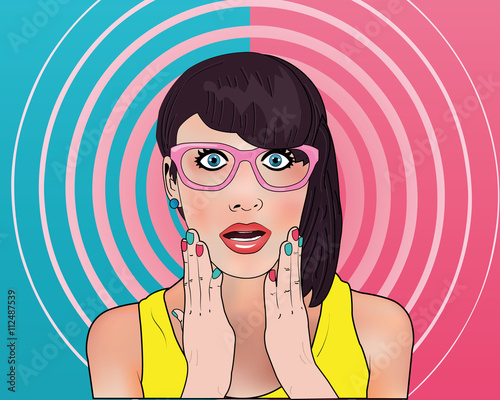 Wow gossip girl in pop art style in the two-color background and pink spiral. Young woman is announcing, telling a secret, shouting or yelling.Comic woman. Gossip girl, Hey,Wow