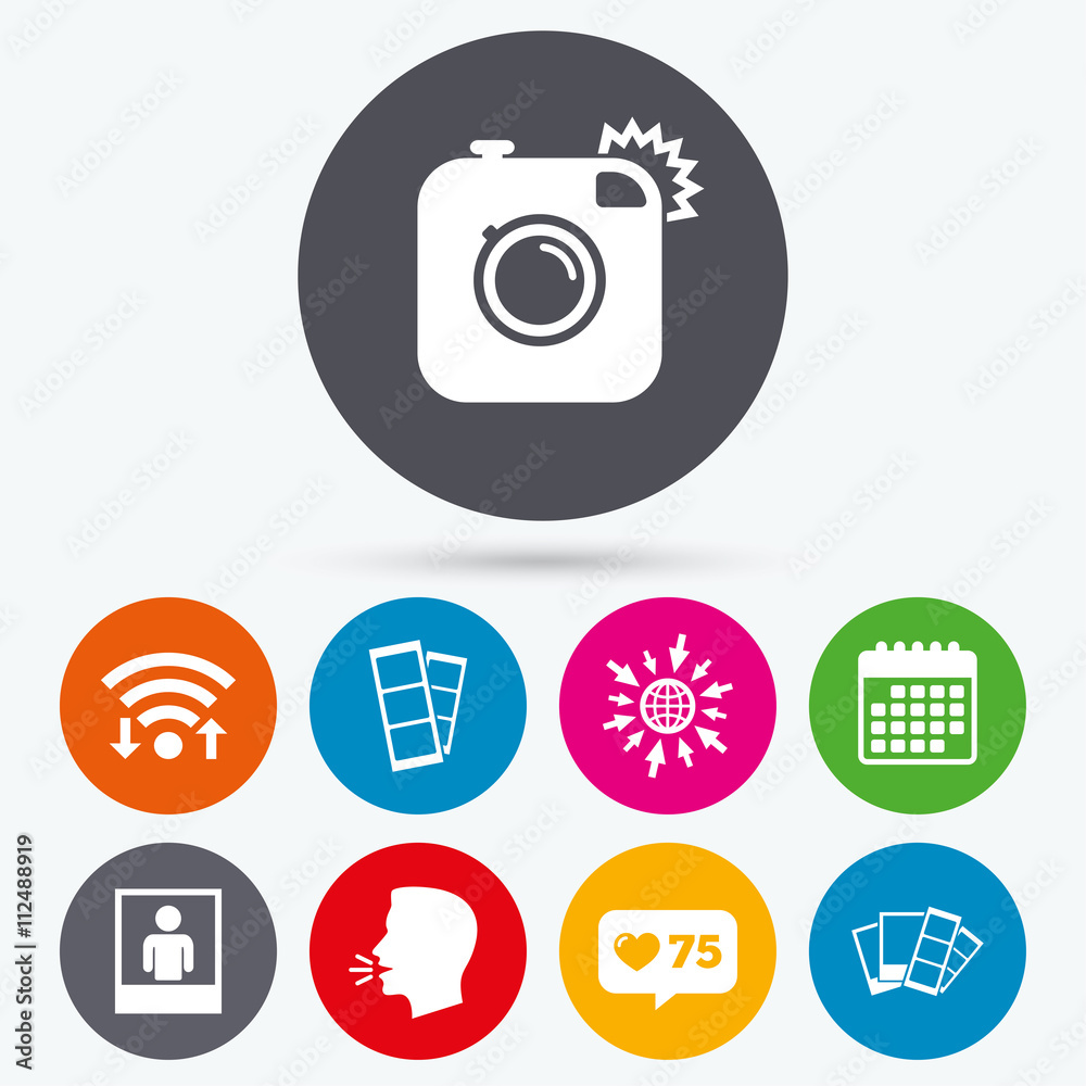 Photo camera icon. Flash light and selfie frame. Photo camera icon. Flash light and selfie frame.