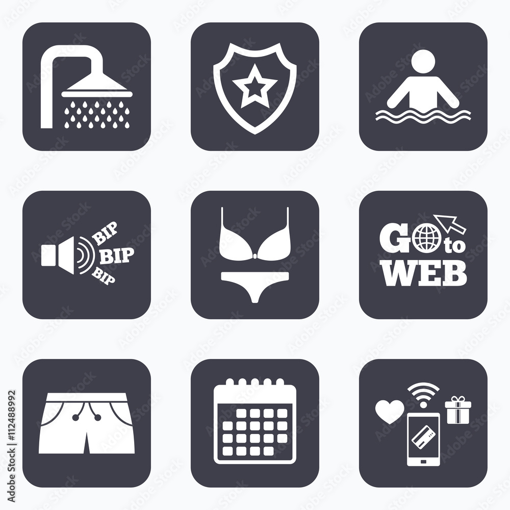 Swimming pool icons. Shower and swimwear signs.