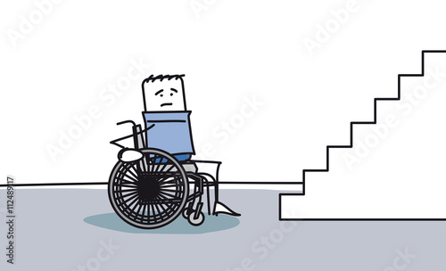 Personnage en fauteuil roulant bloqué devant des escalier
