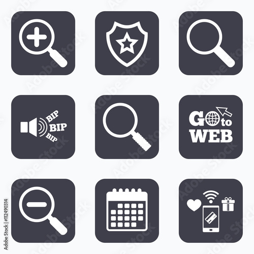 Magnifier glass icons. Plus and minus zoom tool.