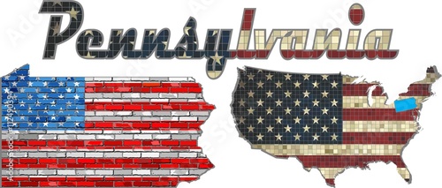 USA state of Pennsylvania on a brick wall - Illustration,
The flag of the state of Pennsylvania on brick textured background, 
Font with the United States flag, 
Pennsylvania map on a brick wall