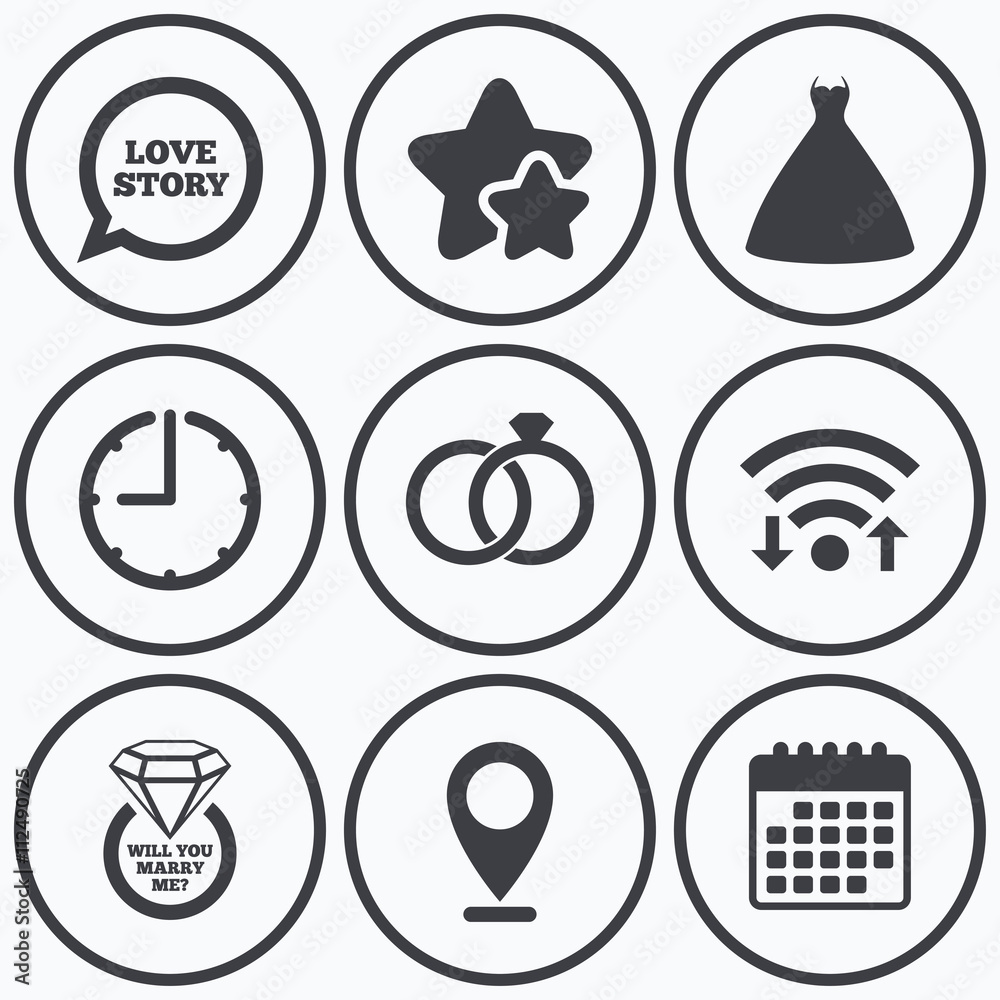 Wedding dress icon. Bride and groom rings symbol Wedding dress icon. Bride and groom rings symbol