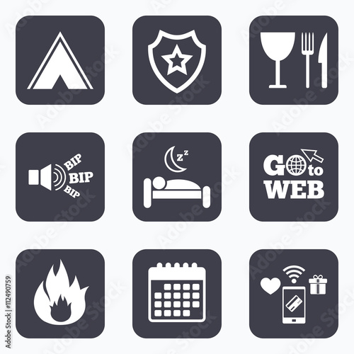 Food, sleep, camping tent and fire signs.